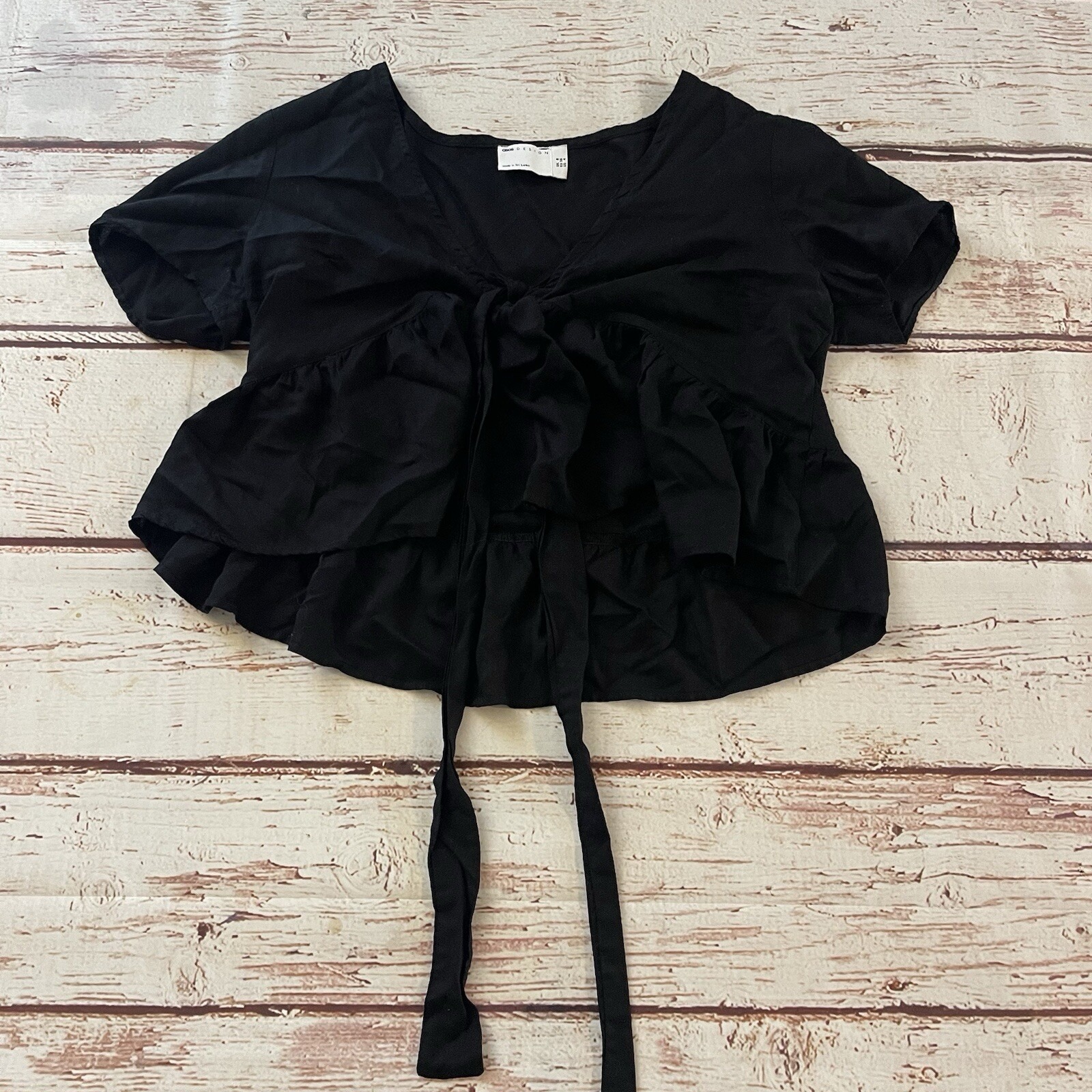 Asos Design Size 4 Womens Top Black V-Neck Short Sleeve Ruffle Shirt Black Boho